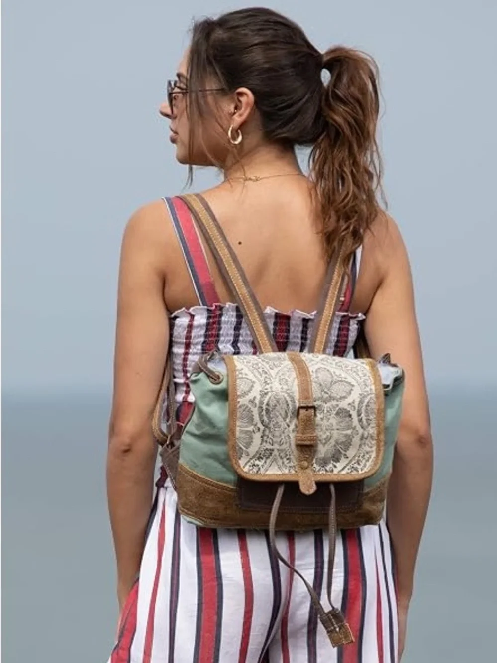 Myra Bag Solemn Boho Upcycle Brown Leather/ Green Canvas Backpack